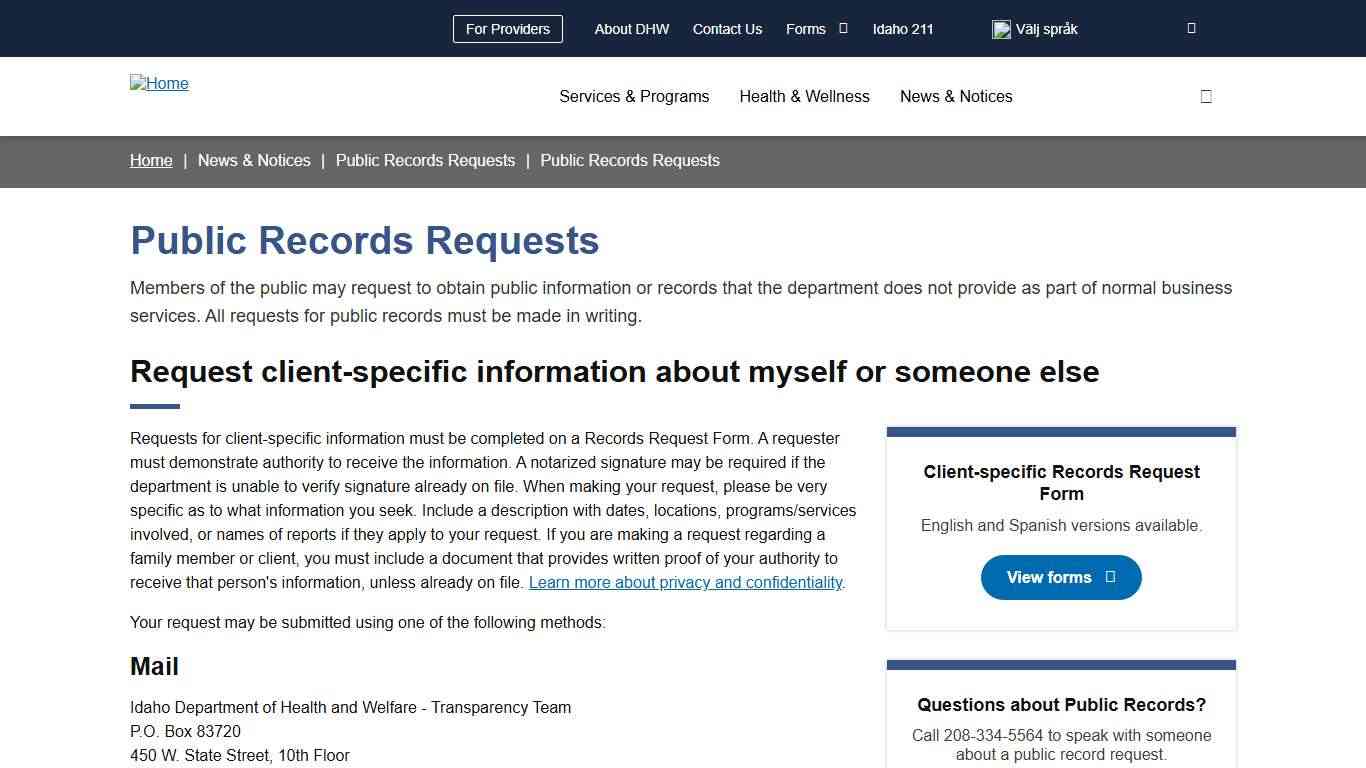 Public Records Requests Idaho Department of Health and Welfare